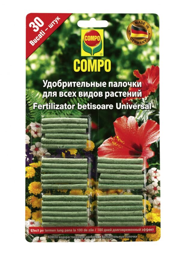Yleiskäyttöiset Lannoitepuikot - vihreät + kukkivat kasvit Compo 30 kpl/lehdellä