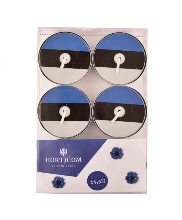 Lämpökynttilä sini-musta-valkoinen kuvineen Horticom 4,5h 6 kpl/laatikossa