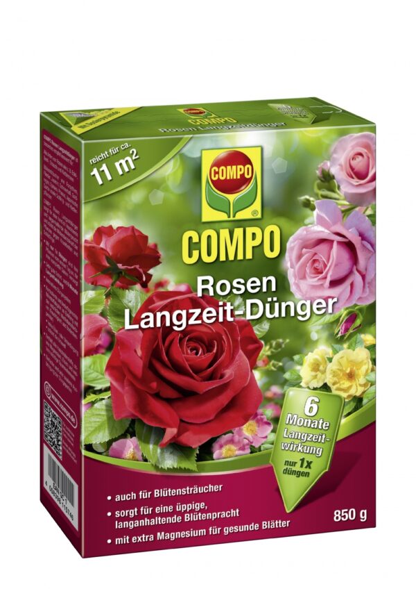 Pitkäaikainen ruusulannoite kaikille ruusuille ja kukkiville pensaskasveille Compo 6 kuukautta 850g